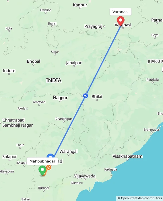 Route map showing distance and travel time from Mahbubnagar, India to Varanasi, India
