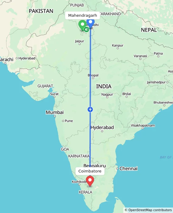 Route map showing distance and travel time from Mahendragarh, India to Coimbatore, India