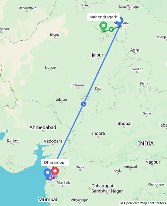 Route map showing distance and travel time from Mahendragarh, India to Dharampur, India
