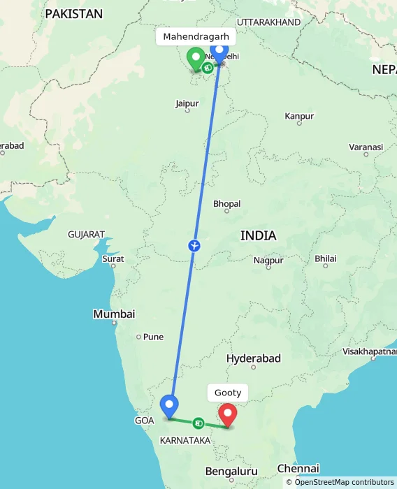 Route map showing distance and travel time from Mahendragarh, India to Gooty, India