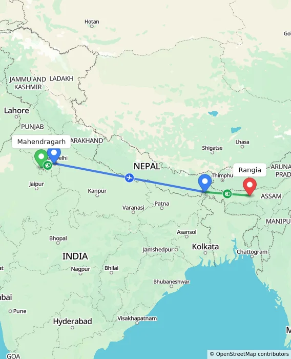 Route map showing distance and travel time from Mahendragarh, India to Rangia, India