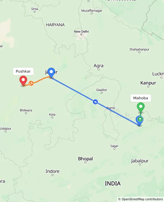Route map showing distance and travel time from Mahoba, India to Pushkar, India
