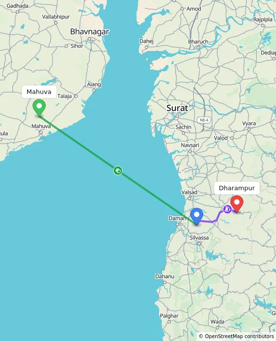 Route map showing distance and travel time from Mahuva, India to Dharampur, India