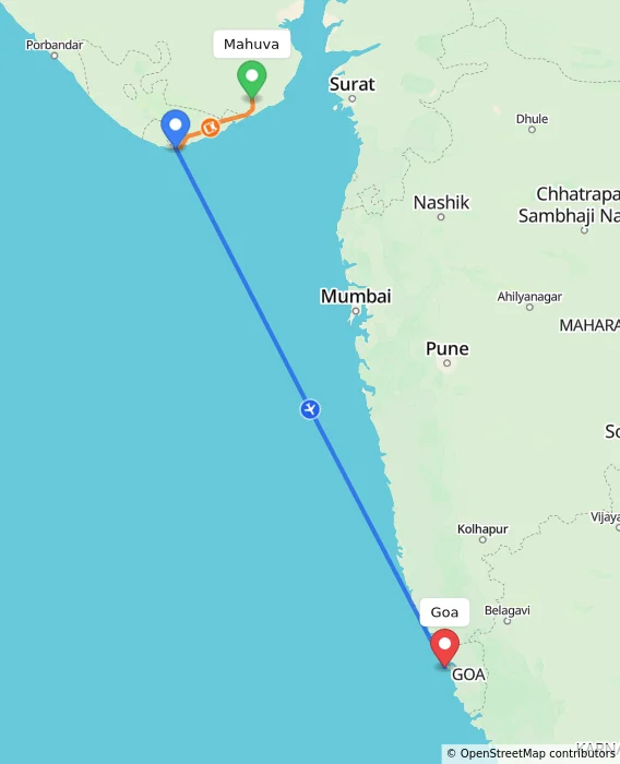 Route map showing distance and travel time from Mahuva, India to Goa, India