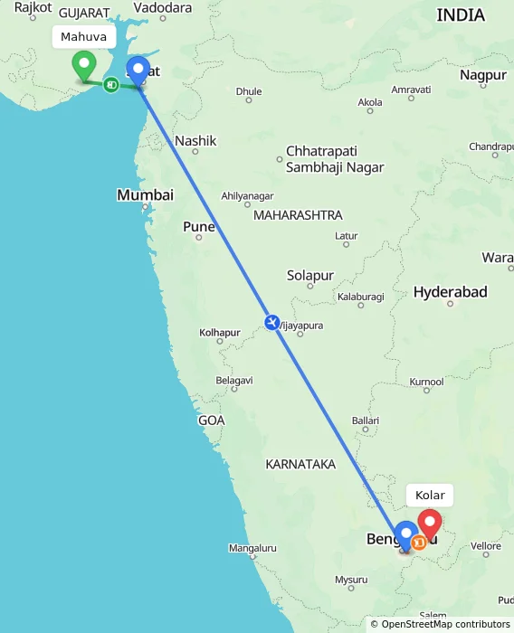 Route map showing distance and travel time from Mahuva, India to Kolar, India