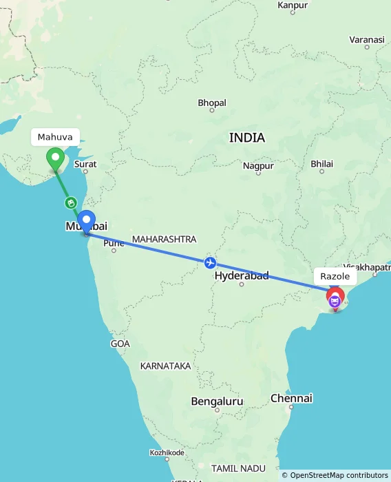 Route map showing distance and travel time from Mahuva, India to Razole, India