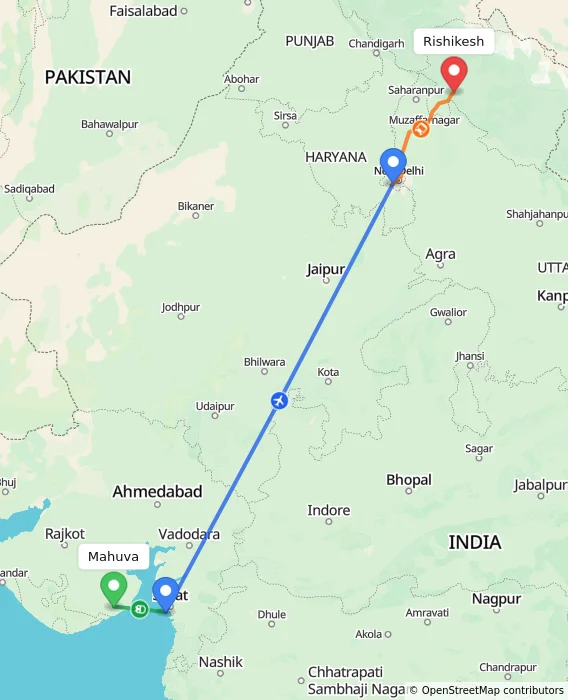 Route map showing distance and travel time from Mahuva, India to Rishikesh, India