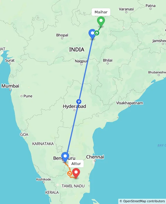 Route map showing distance and travel time from Maihar, India to Attur, India