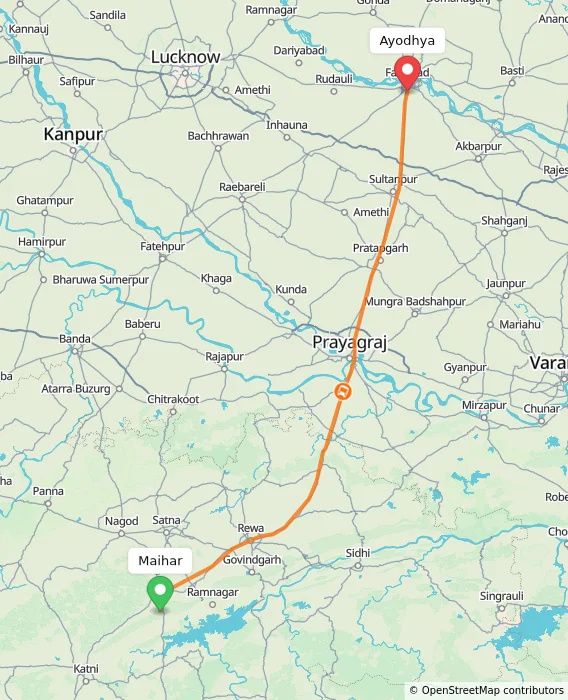 Route map showing distance and travel time from Maihar, India to Ayodhya, India
