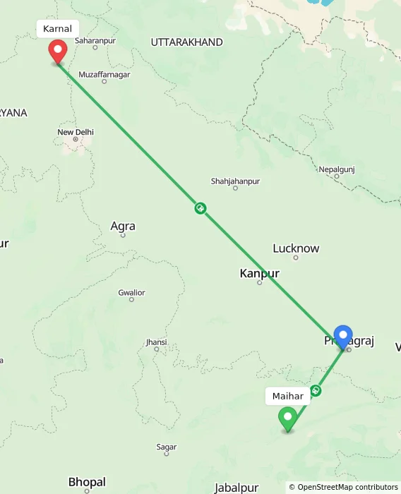 Route map showing distance and travel time from Maihar, India to Karnal, India