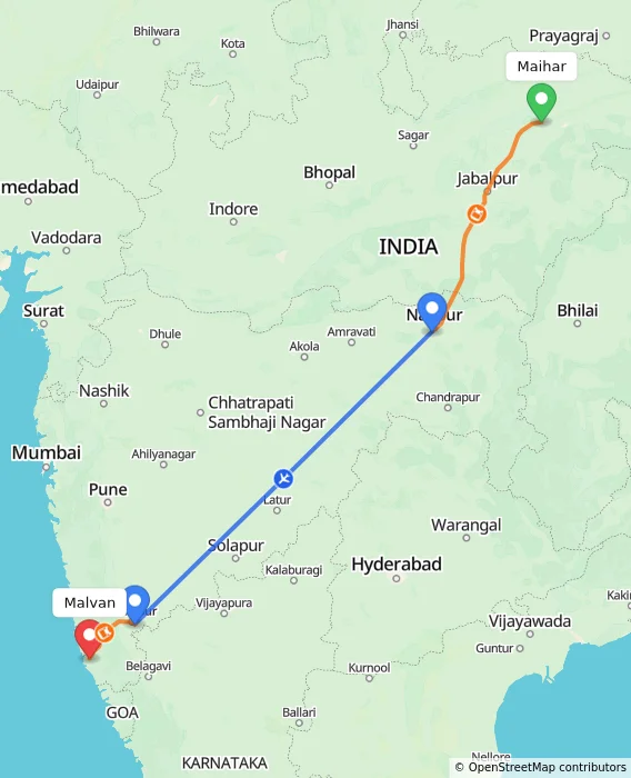 Route map showing distance and travel time from Maihar, India to Malvan, India