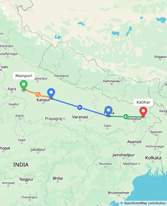 Route map showing distance and travel time from Mainpuri, India to Katihar, India