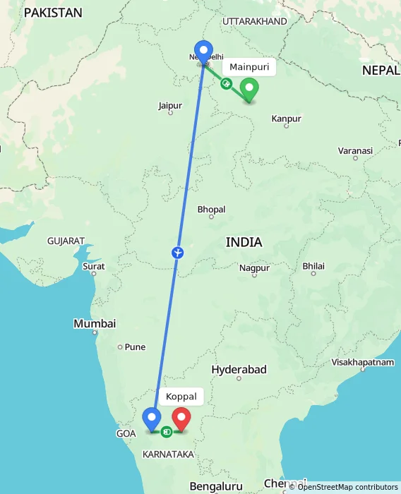 Route map showing distance and travel time from Mainpuri, India to Koppal, India