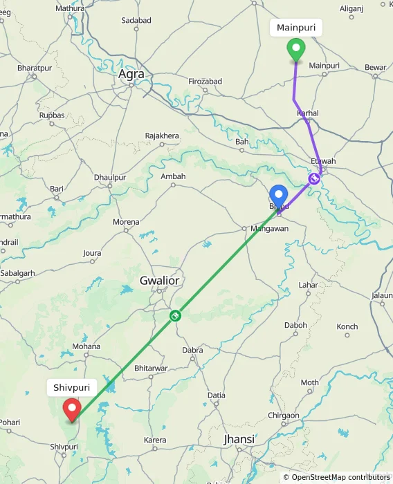 Route map showing distance and travel time from Mainpuri, India to Shivpuri, India