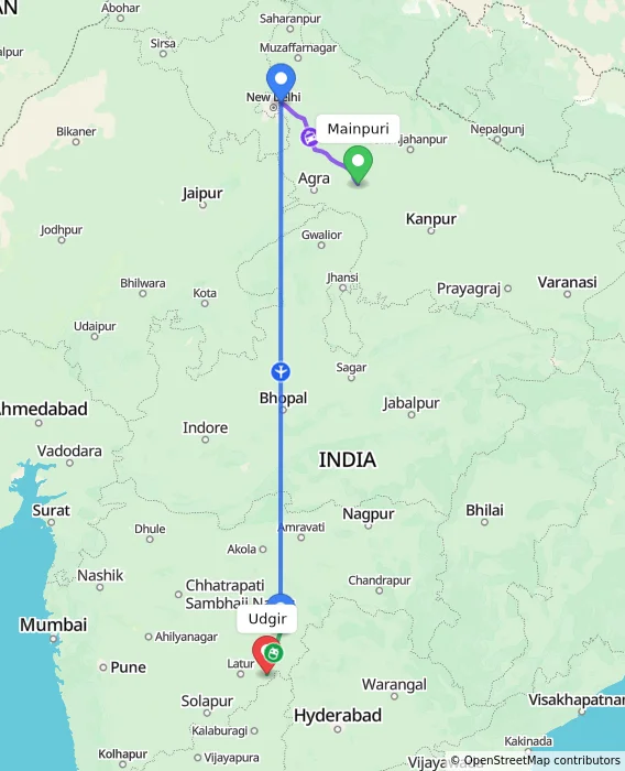 Route map showing distance and travel time from Mainpuri, India to Udgir, India