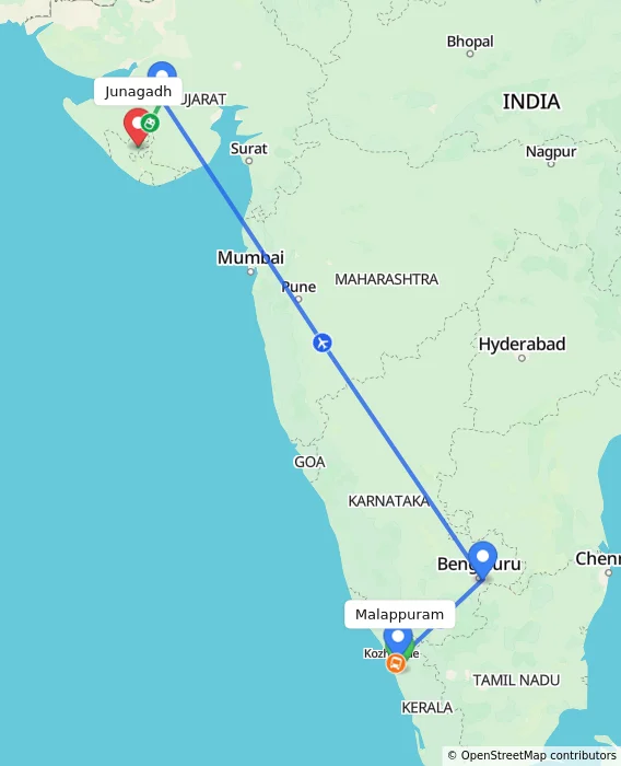 Route map showing distance and travel time from Malappuram, India to Junagadh, India