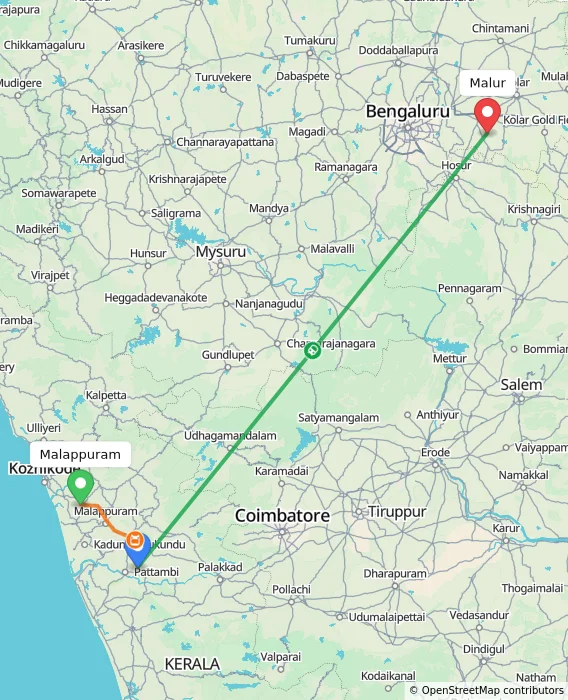 Route map showing distance and travel time from Malappuram, India to Malur, India