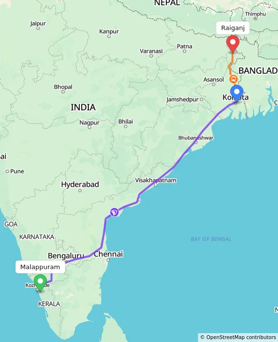 Route map showing distance and travel time from Malappuram, India to Raiganj, India