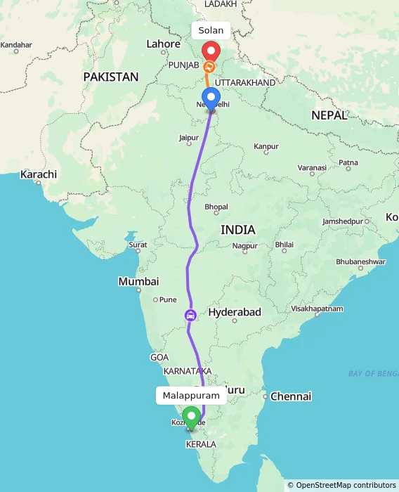 Route map showing distance and travel time from Malappuram, India to Solan, India