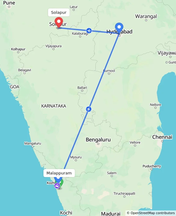 Route map showing distance and travel time from Malappuram, India to Solapur, India