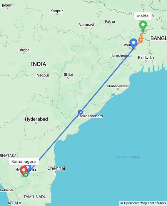 Route map showing distance and travel time from Malda, India to Ramanagara, India