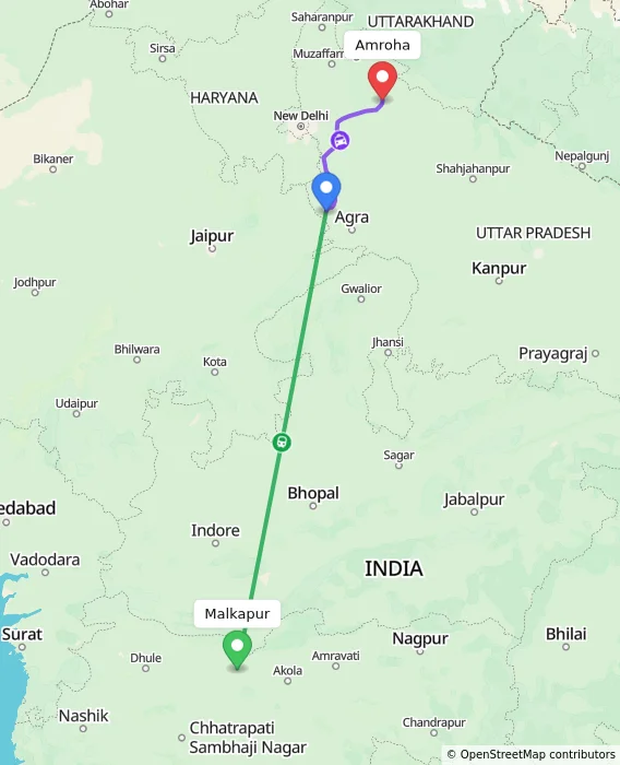 Route map showing distance and travel time from Malkapur, India to Amroha, India