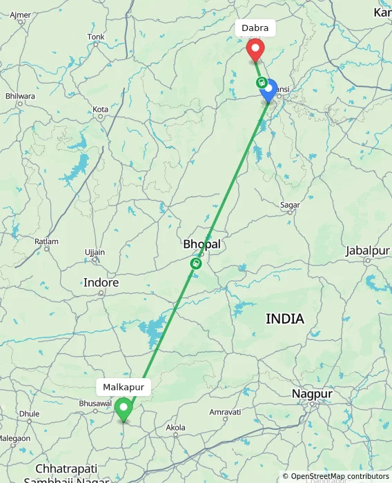 Route map showing distance and travel time from Malkapur, India to Dabra, India