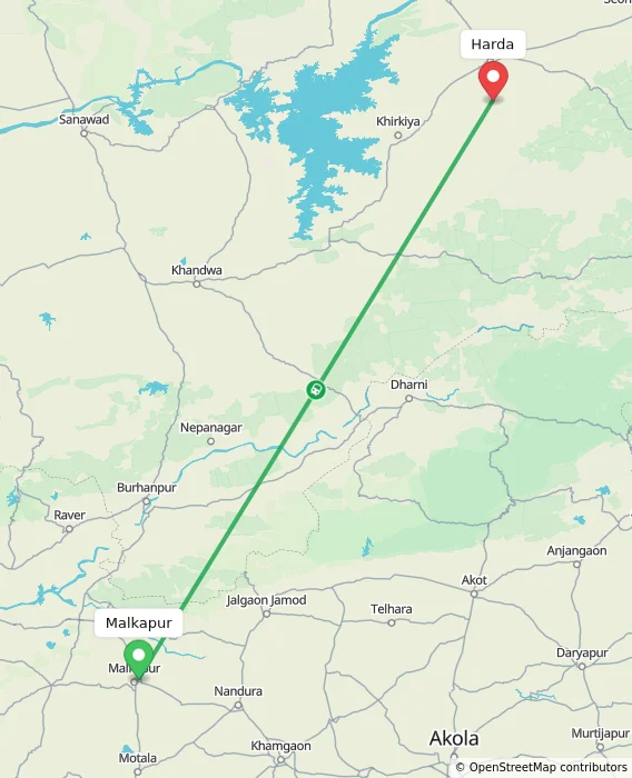 Route map showing distance and travel time from Malkapur, India to Harda, India