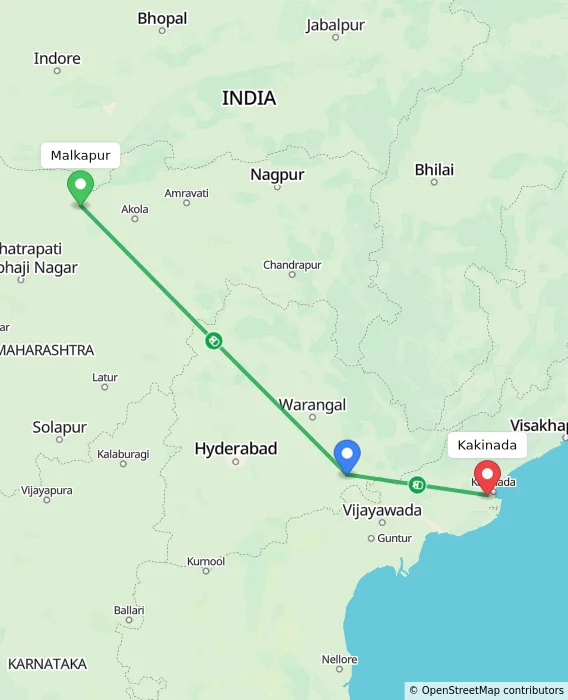Route map showing distance and travel time from Malkapur, India to Kakinada, India