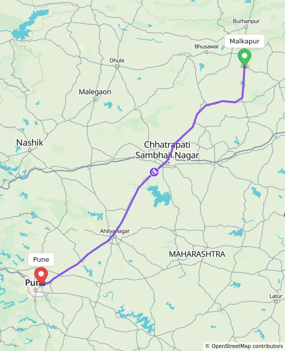 Route map showing distance and travel time from Malkapur, India to Pune, India