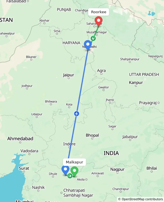 Route map showing distance and travel time from Malkapur, India to Roorkee, India