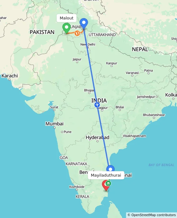 Route map showing distance and travel time from Malout, India to Mayiladuthurai, India