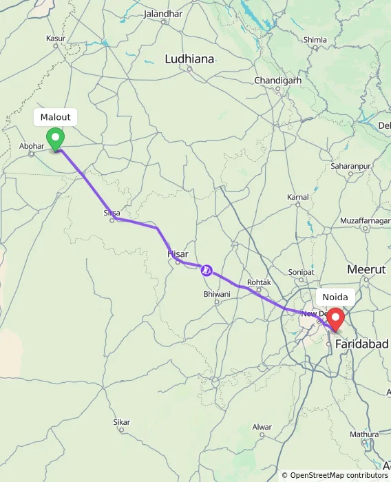 Route map showing distance and travel time from Malout, India to Noida, India