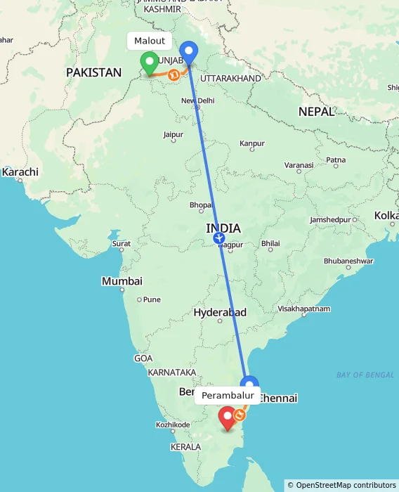 Route map showing distance and travel time from Malout, India to Perambalur, India