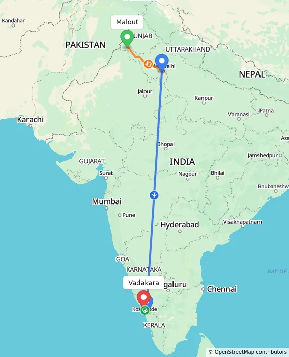 Route map showing distance and travel time from Malout, India to Vadakara, India