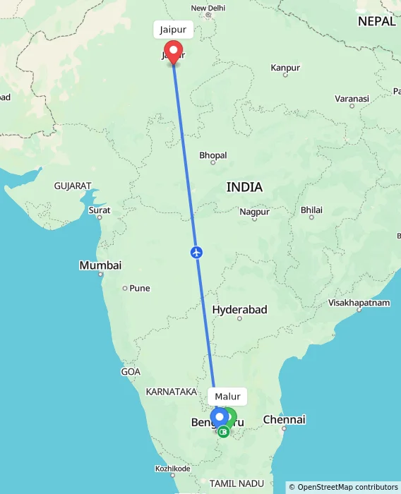 Route map showing distance and travel time from Malur, India to Jaipur, India