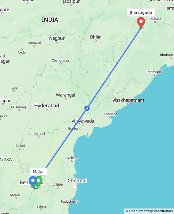 Route map showing distance and travel time from Malur, India to Jharsuguda, India