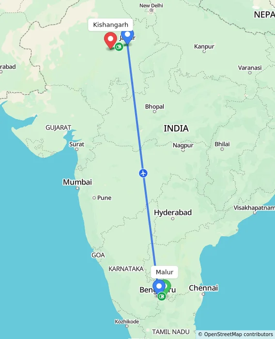 Route map showing distance and travel time from Malur, India to Kishangarh, India