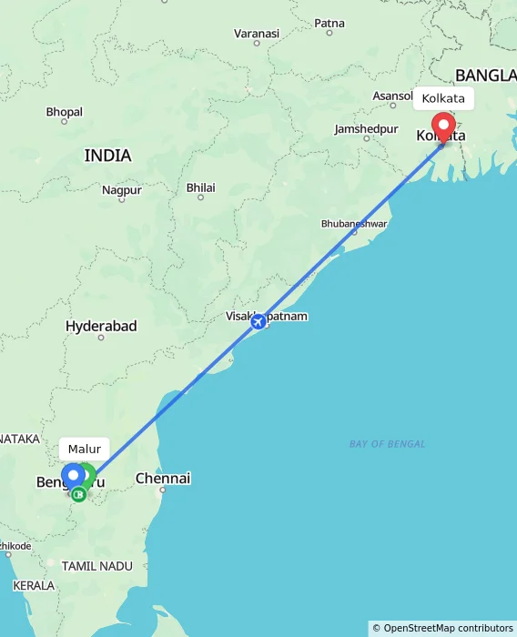 Route map showing distance and travel time from Malur, India to Kolkata, India