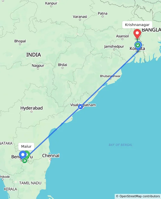 Route map showing distance and travel time from Malur, India to Krishnanagar, India