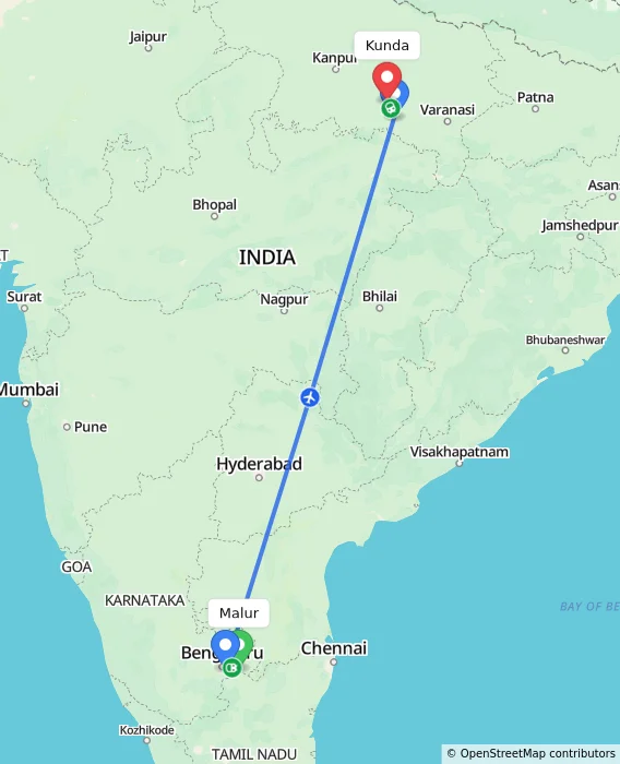 Route map showing distance and travel time from Malur, India to Kunda, India