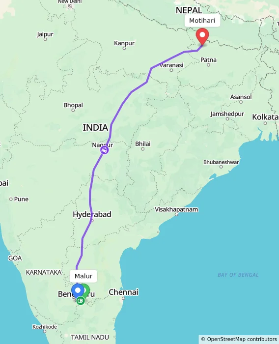 Route map showing distance and travel time from Malur, India to Motihari, India