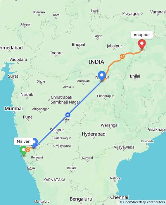 Route map showing distance and travel time from Malvan, India to Anuppur, India