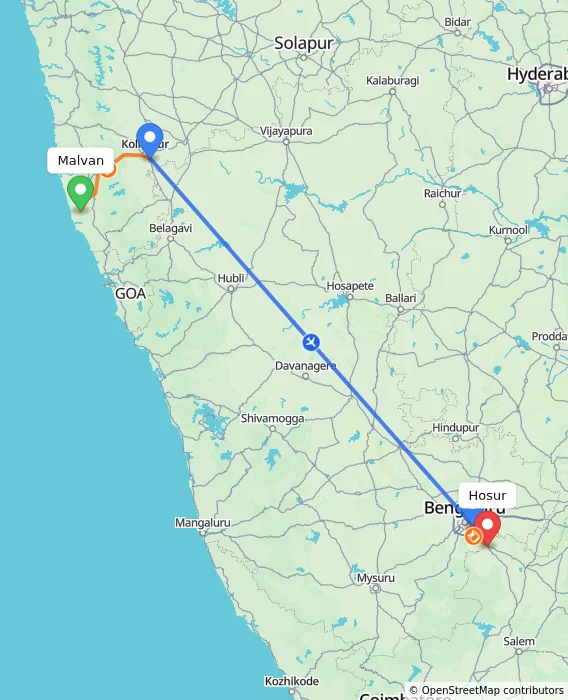 Route map showing distance and travel time from Malvan, India to Hosur, India