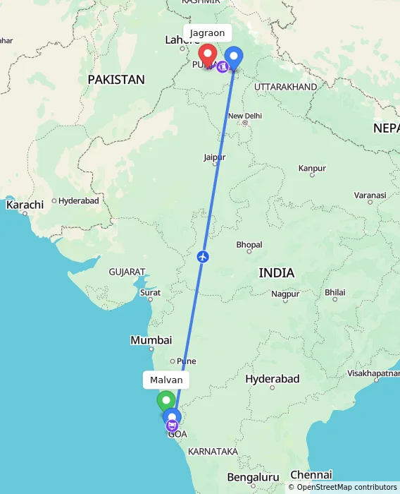 Route map showing distance and travel time from Malvan, India to Jagraon, India
