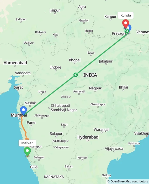 Route map showing distance and travel time from Malvan, India to Kunda, India