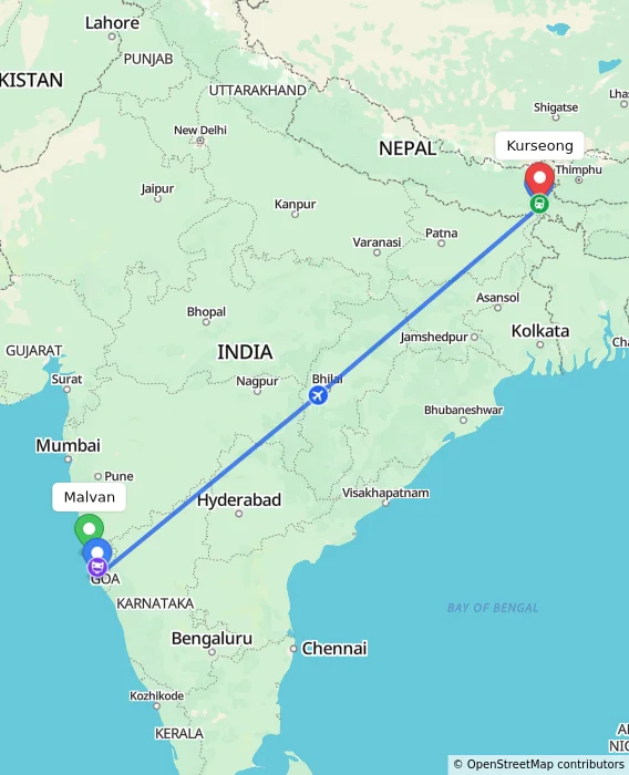 Route map showing distance and travel time from Malvan, India to Kurseong, India