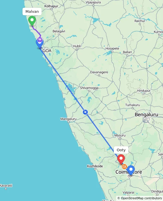 Route map showing distance and travel time from Malvan, India to Ooty, India