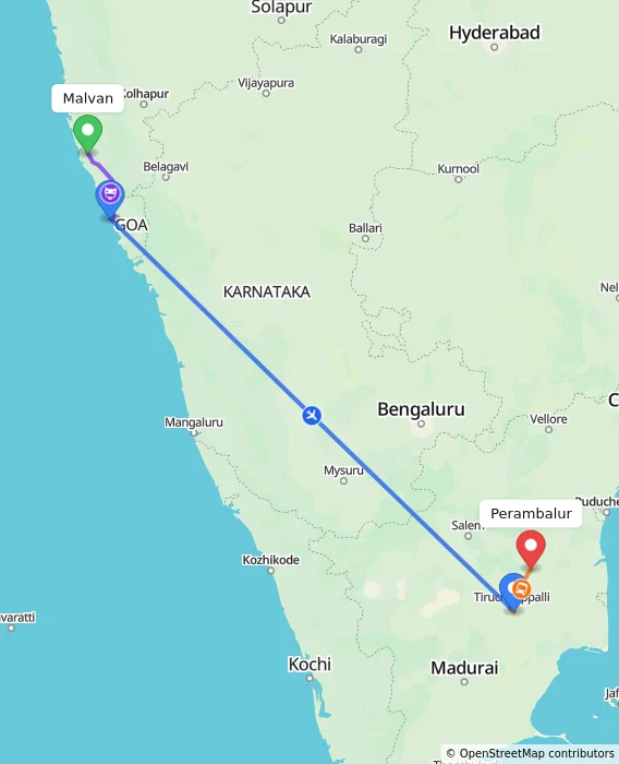 Route map showing distance and travel time from Malvan, India to Perambalur, India