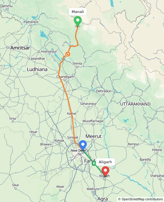 Route map showing distance and travel time from Manali, India to Aligarh, India